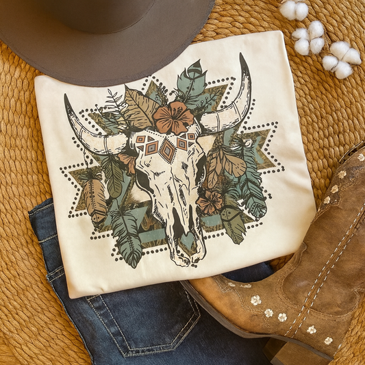 Floral Longhorn Skull Tee
