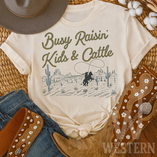 Busy Raisin' Kids & Cattle Rope Font Tee