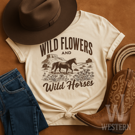 Wild Flowers and Wild Horses Desert Scene Tee